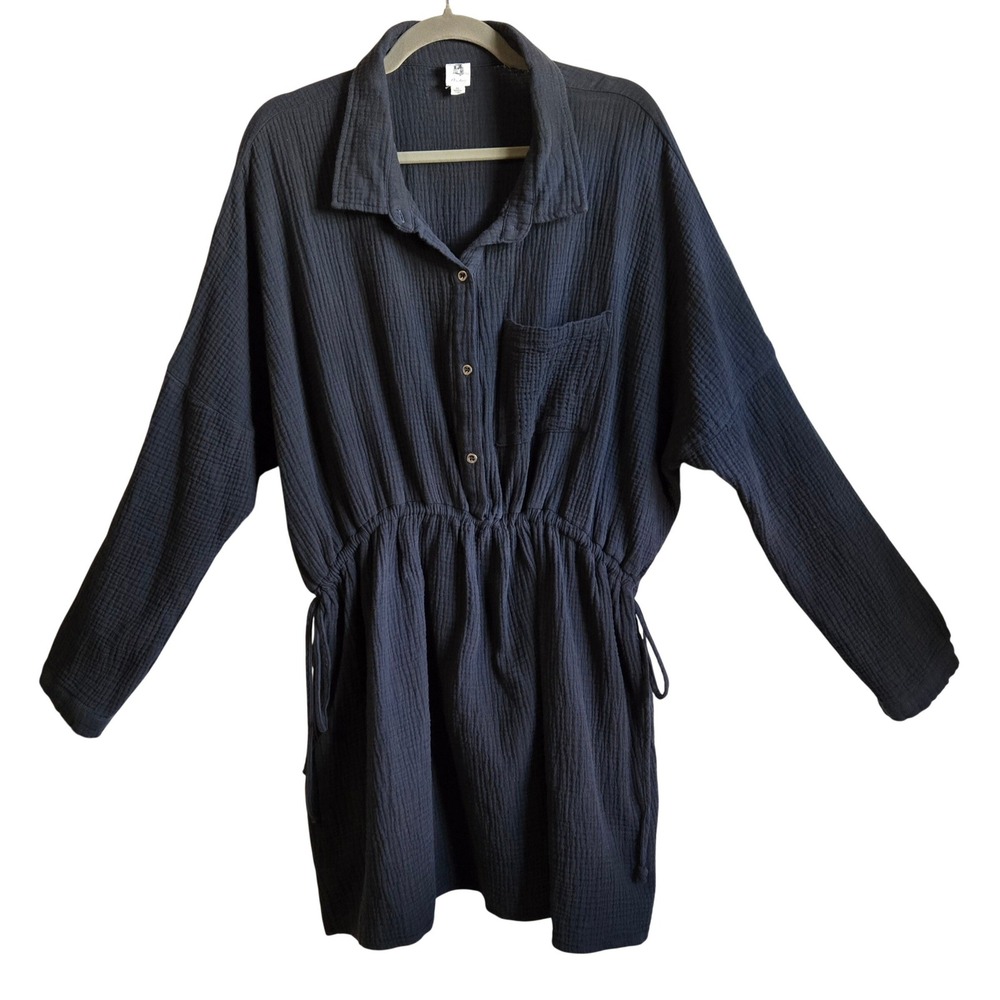 Flawless Charcoal Black‎ Gauze Cotton Long Sleeve Button Up Tunic XL